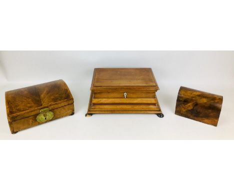 Three 19th century wooden boxes, comrpising a Georgian walnut tea caddy, with a domed top, its interior with two lidded compa