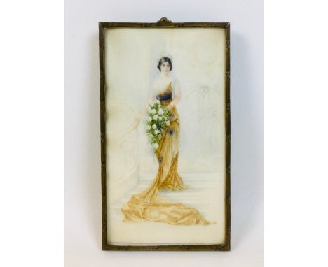 An Art Nouveau miniature, the full length portrait depicting a woman in a peacock detailed dress holding a bouquet of white f