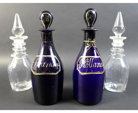 A pair of Georgian Bristol blue decanters and stoppers, with gilt painted ?labels? held by painted ?ribbons?, one ?Brandy? an