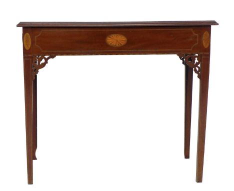 An early 19th century mahogany centre table, marquetry, line inlaid and vase of flowers decoration, moulded rectangular surfa