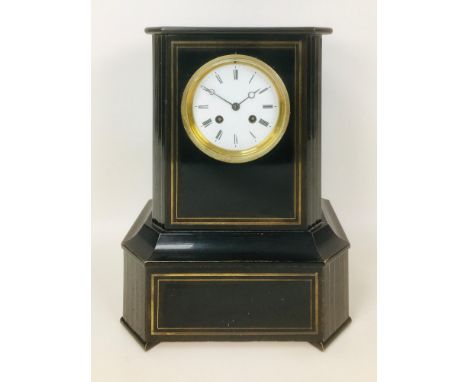 A 19th century French mantel clock, ebonised wooden case, 8 day Japy Freres movement chiming on a bell, with pendulum, 26 by 