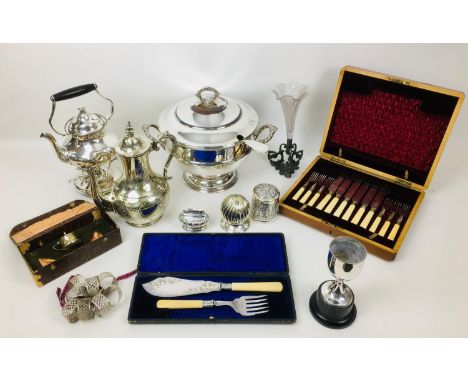 A collection of silver plated and metal items, including a South East Asian white metal cylindrical box and cover with figura