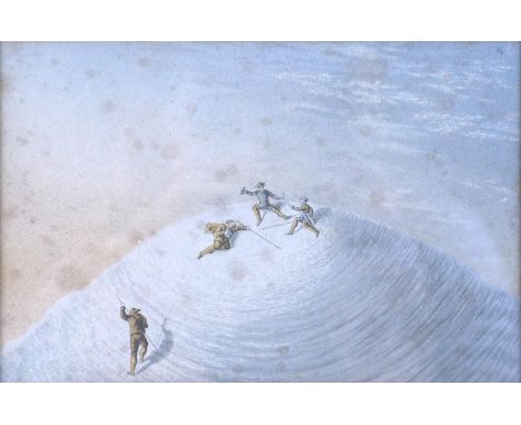 An unusual 19th century chromolithograph, depicting a group of four mountaineers summiting a snow topped mountain, two toasti