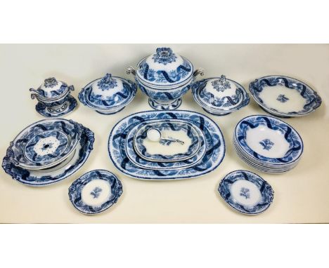 A Copeland late Spode part dinner service, mid 19th century, transfer printed in blue and white, including large soup tureen 