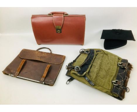 A WWII German Army Tornister backpack with webbing and pony hide to the front, together with a leather music satchel and a vi