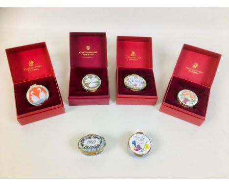 A group of five Staffordshire Enamels boxes, comprising oval year boxes for 1992 and 2002, three Christmas limited edition bo