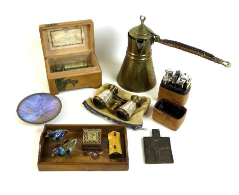 A group of collectables, comprising brass and mother of pearl opera glasses, in suede purse, a small German / Swiss music box