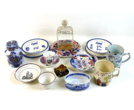 A group of ceramics, porcelain and glass items, comprising a Chinese famille rose tankard, a/f cracked, 9.3 by 14 by 12cm hig