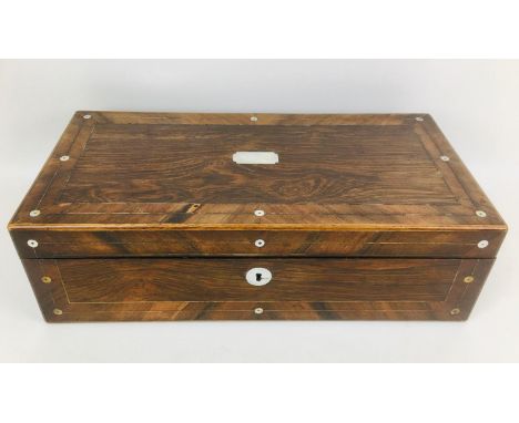 A large early 20th century coromandel writing slope, its lid and base with mother of pearl inlays, with key, a/f, 50.5 by 25.