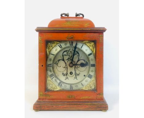 An early 20th century bracket clock, with red lacquered Chinoiserie case and pierced grill back, backplate stamped 12532, 24 