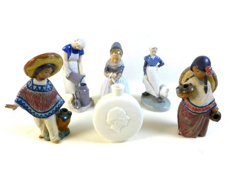 A group of five figurines and a moon flask, comprising Lladro figurine 'Pedro with jug' matte, 12141, 19.5cm, matching Lladro