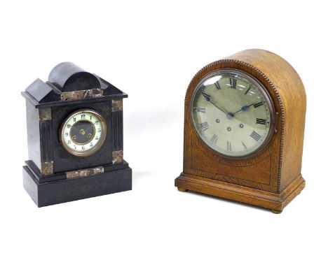 Two mantel clocks, comprising a Gustav Becker musical chiming oak veneered domed case mantel clock, mid 20th century, 28.5 by