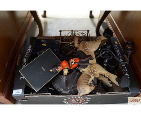 A box containing child's pull-a-long horse; candelabra; wire work clock; a pair of binoculars; Canon camera etc.