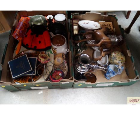 Two boxes containing various sundry glass and china to include Royal Worcester pin dishes, Jasperware, fairy ornament, carved
