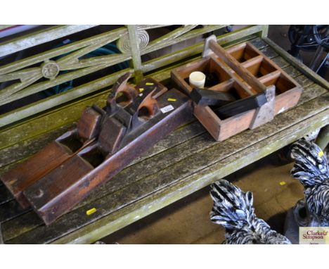 Two wood working planes, wooden container contains scale weights etc.