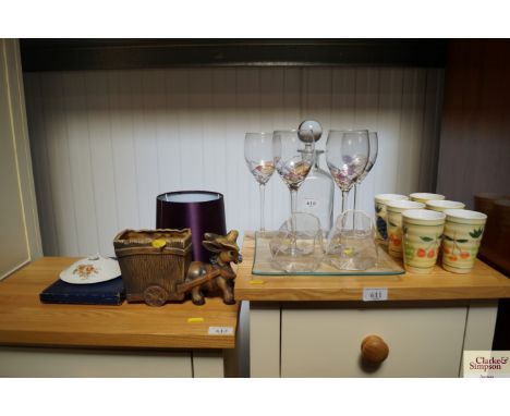 A quantity of wine glasses; a decanter and stopper; fruit decorated goblets etc