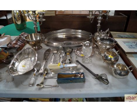 A quantity of various silver plated ware etc. to include gallery tray, pair of candelabra's, silver plated cutlery, a paper k