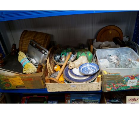 Three boxes containing various sundry items to include glass and china, light bulbs, dumb bells, Roberts radio, footstall, wa