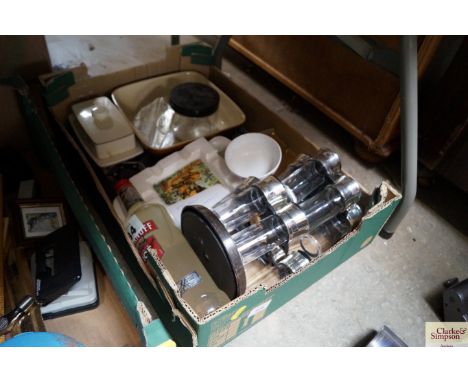 A box containing a spice rack and contents of jars; a bottle of Smirnoff Ice etc