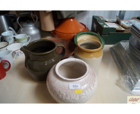 A pottery tagine, green glazed bonsai tree planter, a studio pottery jug, vase etc.