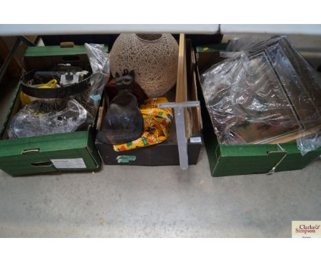 Three boxes containing various light fittings, light shades, pictures and prints and various other sundry items 