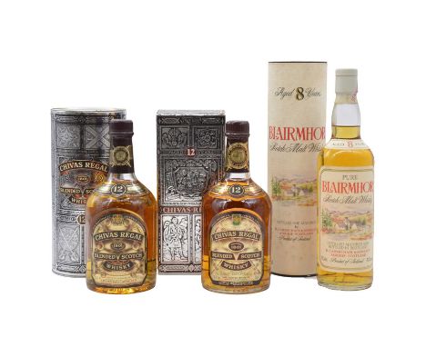 Three bottles of blended Scotch whisky:Chivas Regal, 12 year old, 1x 1980s bottling 75cl, 43% in carton, 1x 1990s bottling 70
