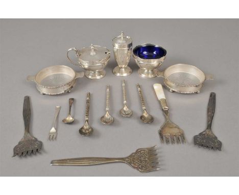 A set of three silver cruets, Mappin &amp; Webb, Birmingham 1918 &amp; 1920, together with a pair of silver mounted glass but