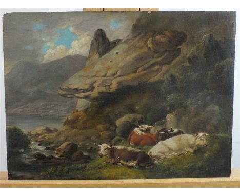 British school, 19th century, Highland Cattle, oil on panel, 24 x 33cm