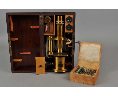 A small late 19th century French brass cased scientific microscope, stamped Nachet Et Fils, Rue Serpente, 16, Paris, 24 cm hi