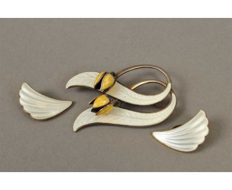 A Norwegian silver and enamel brooch, designed as two yellow flower buds mounted to white enamel scrolling leaves, the revers