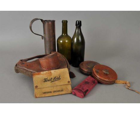 An interesting miscellaneous collection comprising an Edwardian bound fibre luggage trunk, a green plugging tool (possibly go
