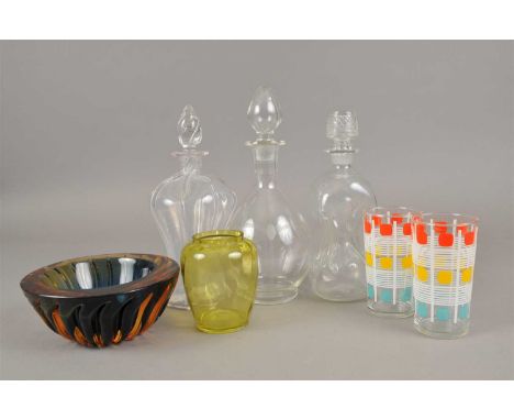 A collection of assorted glassware to include an Art Deco shaft and globe crystal decanter; Holmegaard Kuttrolf decanter with