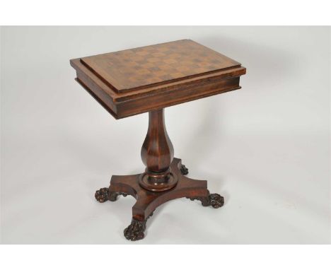 A Regency games table, the double-sided inlaid top, one side principally in mahogany with a backgammon and cribbage board, ve