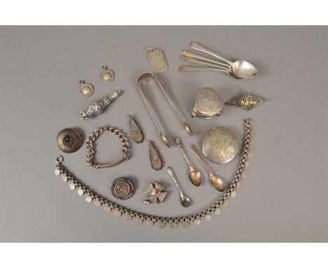 Four silver teaspoons, together with two silver coffee spoons, a pair of silver sugar tongs, a small silver trinket box (lid 