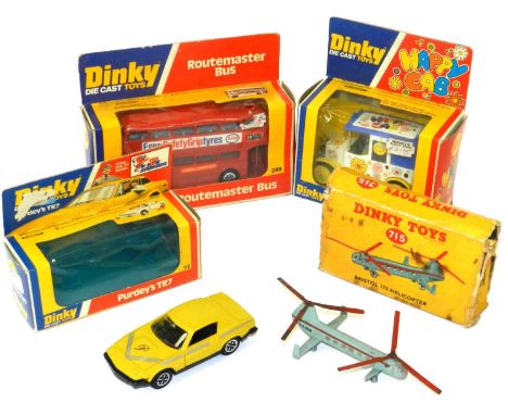 Boxed Dinky lot; Bristol 173 Helicopter, Purdey’s TR7, Happy Cab, LT Routemaster (4): Dinky 715 Bristol 173 Helicopter (1 end