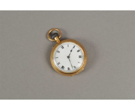 A small 18ct open-face pocket watch, circa 1912, with white enamel dial and contrasting black roman numerals. Stem-set moveme