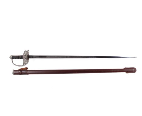 An ERII Wilkinson parade sword with Royal Fusiliers hilt. Blade numbered 100269, length of blade 82.3cm, in a leather scabbar