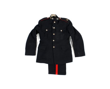 A Royal Irish Fusiliers officer's dress suit. The navy jacket with collar badges and buttons, jacket and trousers with origin