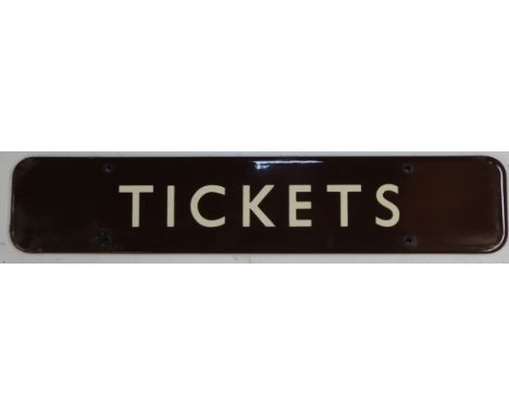 RAILWAY SIGN BROWN ENAMEL TICKETS 18'X3.5'  