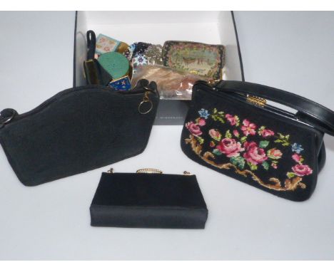 Box of bags, compacts, hat feathers, etc