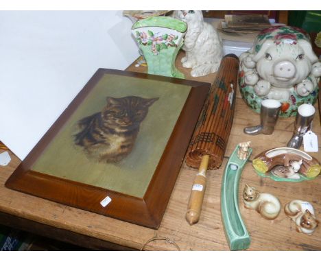 A. Hope, cat portrait, Beswick 1867 cat, parasol, pig ornament, vases, etc