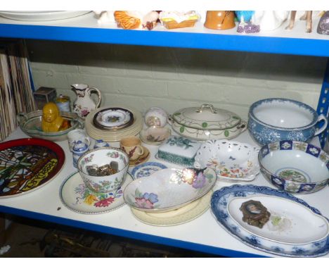 Medieval wall plaque, Poole plate, Maling bowl, chamber pot and various china
