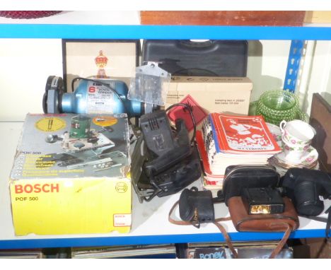 Bosch router, Clarke bench grinder, jigsaw, cameras, Darlington football programmes, teaware, print, etc