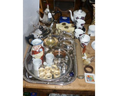 Silver plated tea set, coffee set and trays, Royal Albert coffee set, ivory napkin rings, boxed vehicles etc