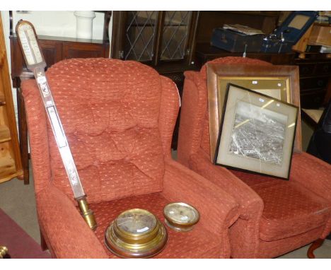 Antique rosewood stick barometer, two circular barometers and a framed aerial photograph (4)