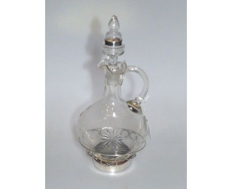 Glass sherry decanter with silver coaster stand and silver mounted stopper