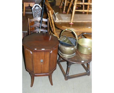 Circular oak turned leg low table, Mahogany octagonal cocktail cabinet, Country oak side chair, carved oak spinning chair, ma