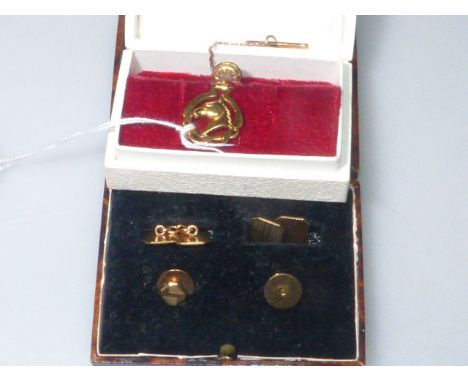 9ct gold studs and cufflinks, cased; and a 9ct gold 'horse' pin