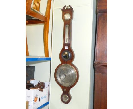 Antique mahogany and string inlaid banjo barometer with silvered dial