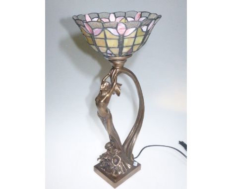Art Deco style female figure table lamp with Tiffany style shade